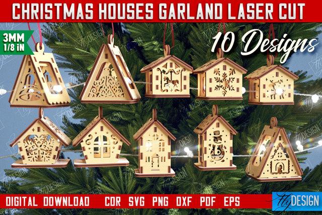 Christmas Houses Garland Bundle | DIY | Christmas Tree Toy | Santas House | CNC Files SVG Fly Design 