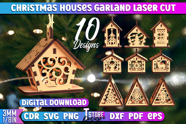 Christmas Houses Garland Bundle | DIY | Christmas Tree Toy | Santas House | CNC Files SVG The T Store Design 