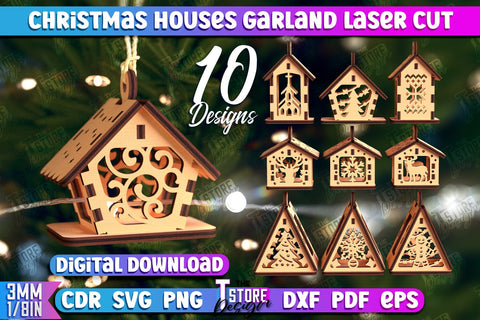 Christmas Houses Garland Bundle | DIY | Christmas Tree Toy | Santas House | CNC Files SVG The T Store Design 