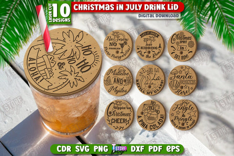 Christmas in July Drink Lid Laser Cut Bundle | Summer Christmas | Wine Glass Cover | Glass Accessories | CNC Files SVG The T Store Design 