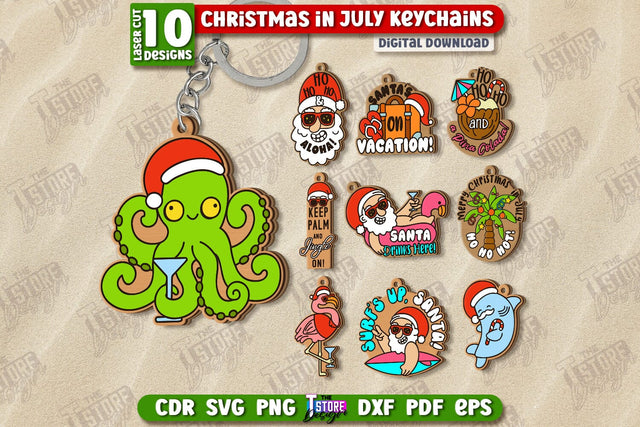 Christmas in July Keychains Laser Cut Bundle | Summer Design | Summer Christmas | CNC File SVG The T Store Design 