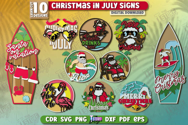Christmas in July Signs Laser Cut Bundle | Door Sign | Porch Decorating | Summer Wall Décor | CNC Files SVG The T Store Design 