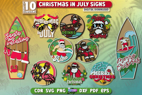 Christmas in July Signs Laser Cut Bundle | Door Sign | Porch Decorating | Summer Wall Décor | CNC Files SVG The T Store Design 