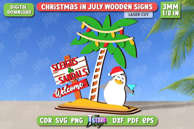 Christmas in July Signs Laser Cut | Door Sign | Porch Decorating | Summer Stand | CNC File SVG The T Store Design 