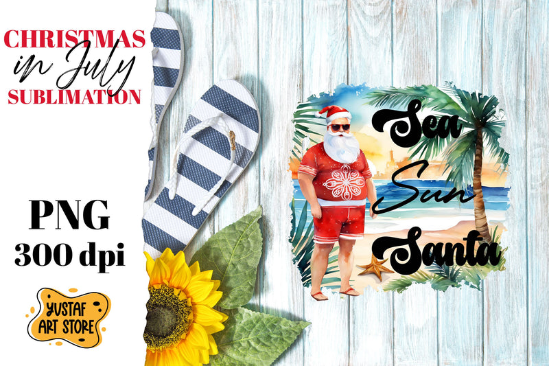 Christmas in July sublimation. Santa Claus on the beach Sublimation Yustaf Art Store 