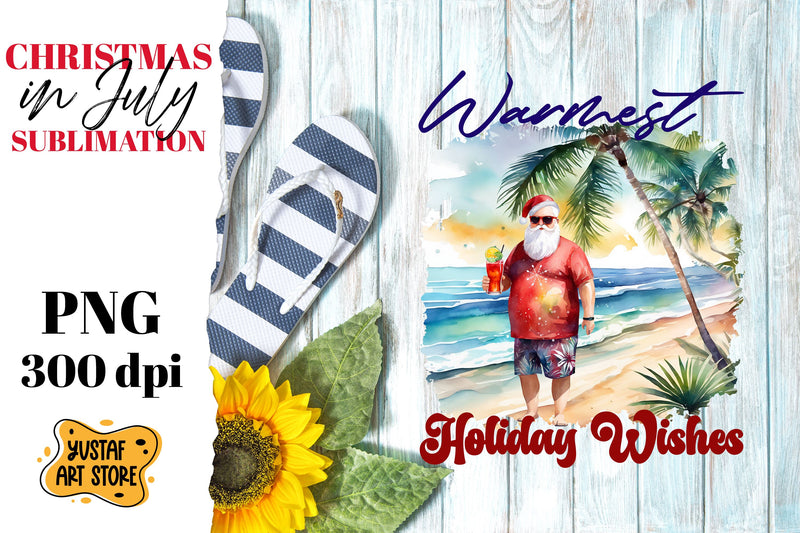 Christmas in July sublimation. Santa Claus on the beach Sublimation Yustaf Art Store 