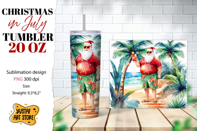 Christmas in July tumbler sublimation. Santa on the beach Sublimation Yustaf Art Store 