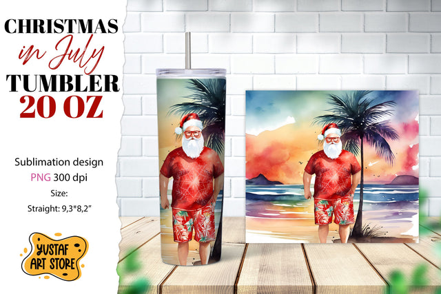 Christmas in July tumbler sublimation. Santa on the beach Sublimation Yustaf Art Store 