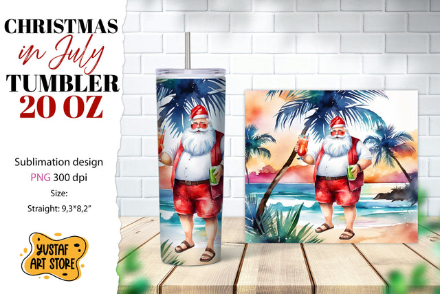 Christmas in July tumbler sublimation. Santa on the beach Sublimation Yustaf Art Store 