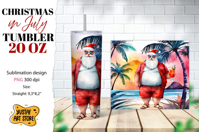 Christmas in July tumbler sublimation. Santa on the beach Sublimation Yustaf Art Store 