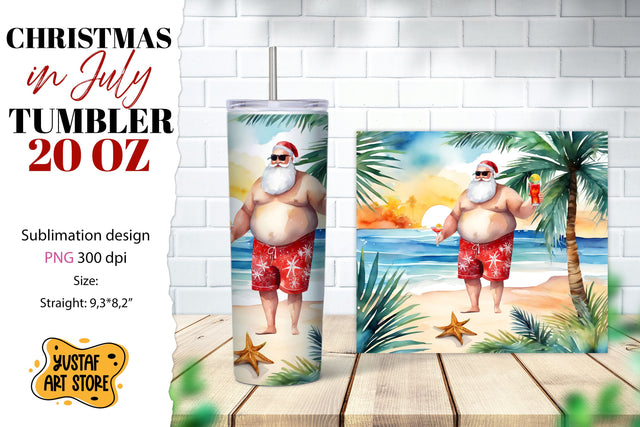 Christmas in July tumbler sublimation. Santa on the beach Sublimation Yustaf Art Store 