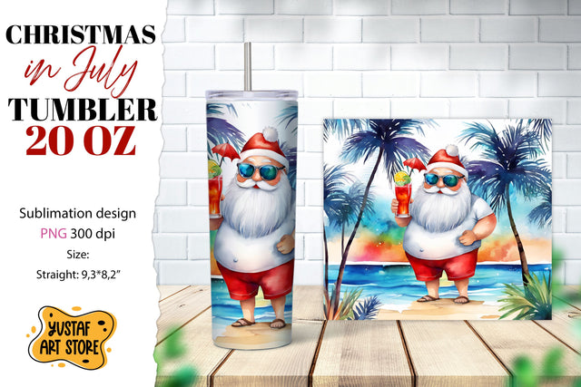 Christmas in July tumbler sublimation. Santa on the beach Sublimation Yustaf Art Store 