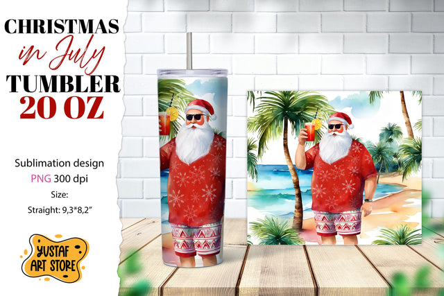 Christmas in July tumbler sublimation. Santa on the beach Sublimation Yustaf Art Store 