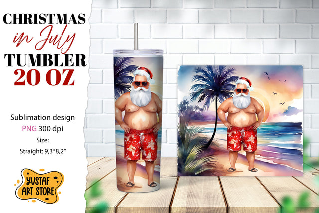 Christmas in July tumbler sublimation. Santa on the beach Sublimation Yustaf Art Store 