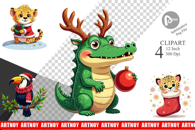 Christmas Jungle Animals Clipart Sublimation artnoy 