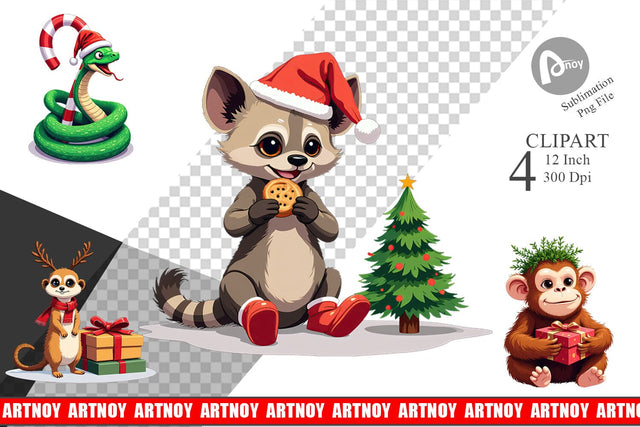 Christmas Jungle Animals Clipart Sublimation artnoy 
