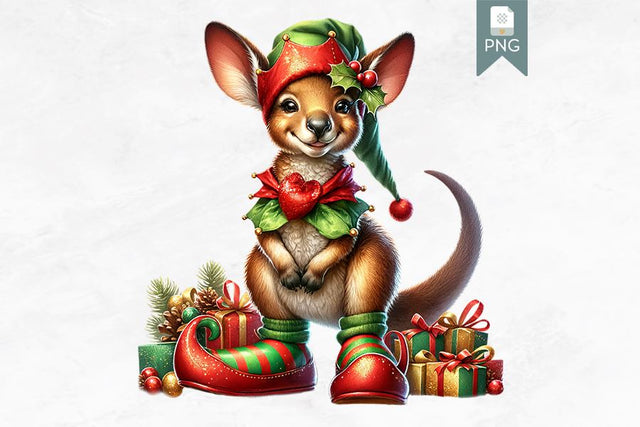 Christmas Kangaroo Clipart, Cute Festive Animal PNG Sublimation BijouBay 
