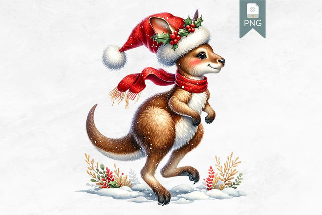 Christmas Kangaroo Clipart with Santa Hat Sublimation BijouBay 