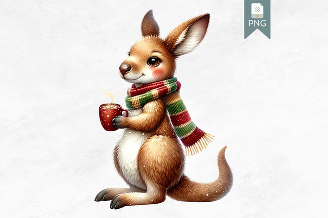 Christmas Kangaroo with Hot Cocoa Clipart Sublimation BijouBay 