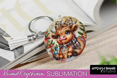 Christmas Keychain PNG, Highland Cow Keychain Sublimation Sublimation OrangeBrushStudio 