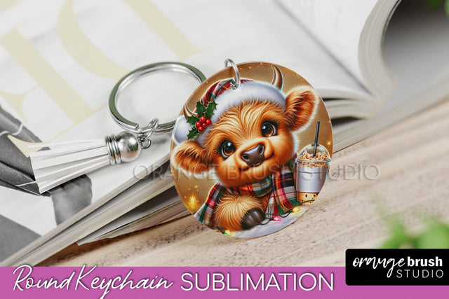 Christmas Keychain PNG, Highland Cow Keychain Sublimation Sublimation OrangeBrushStudio 