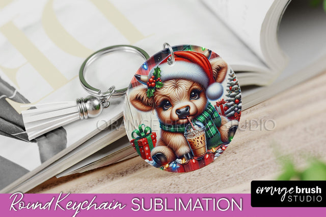 Christmas Keychain PNG, Highland Cow Keychain Sublimation Sublimation OrangeBrushStudio 