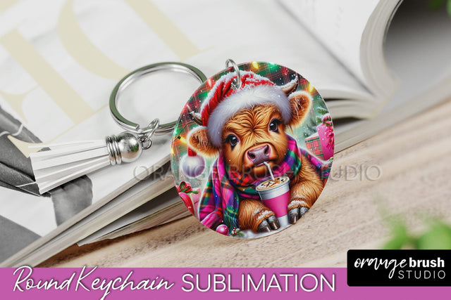 Christmas Keychain PNG, Highland Cow Keychain Sublimation Sublimation OrangeBrushStudio 