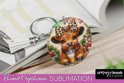 Christmas Keychain PNG, Highland Cow Keychain Sublimation Sublimation OrangeBrushStudio 