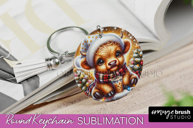 Christmas Keychain PNG, Highland Cow Keychain Sublimation Sublimation OrangeBrushStudio 