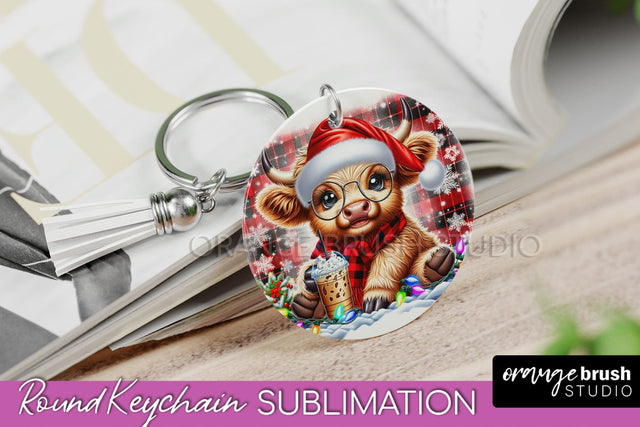 Christmas Keychain PNG, Highland Cow Keychain Sublimation Sublimation OrangeBrushStudio 
