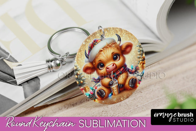 Christmas Keychain PNG, Highland Cow Keychain Sublimation Sublimation OrangeBrushStudio 