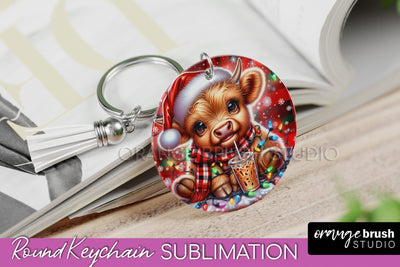 Christmas Keychain PNG, Highland Cow Keychain Sublimation Sublimation OrangeBrushStudio 
