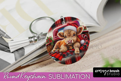 Christmas Keychain PNG, Highland Cow Keychain Sublimation Sublimation OrangeBrushStudio 