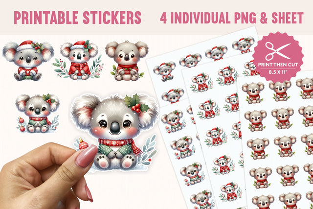 Christmas Koala Printable Stickers – 4 PNG Files + A4 Sheet Sublimation BijouBay 