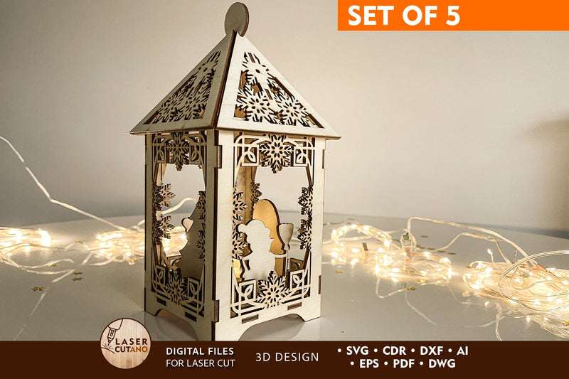 CHRISTMAS LANTERN BUNDLE Multilayer Templates, Home Decor, Wood Cut Files SVG LaserCutano 