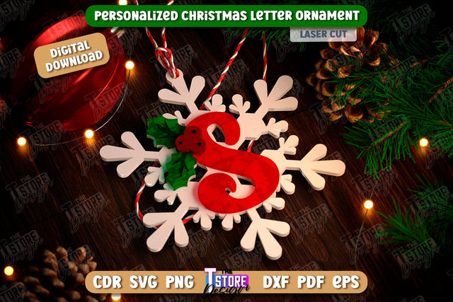 Christmas Letter Ornament Laser Cut | Christmas Tree Toy | Snowflake | Monogram | Personalized Hanging Tree Toy | CNC File SVG The T Store Design 