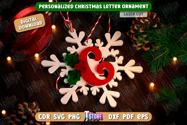 Christmas Letter Ornament Laser Cut | Christmas Tree Toy | Snowflake | Monogram | Personalized Hanging Tree Toy | CNC File SVG The T Store Design 