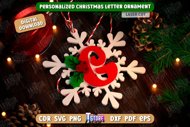 Christmas Letter Ornament Laser Cut | Christmas Tree Toy | Snowflake | Monogram | Personalized Hanging Tree Toy | CNC File SVG The T Store Design 