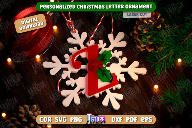 Christmas Letter Ornament Laser Cut | Christmas Tree Toy | Snowflake | Monogram | Personalized Hanging Tree Toy | CNC File SVG The T Store Design 