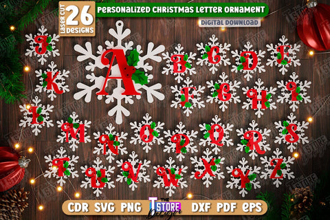 Christmas Letter Ornament Laser Cut | Christmas Tree Toy | Snowflake | Monogram | Personalized Hanging Tree Toy | CNC File SVG The T Store Design 