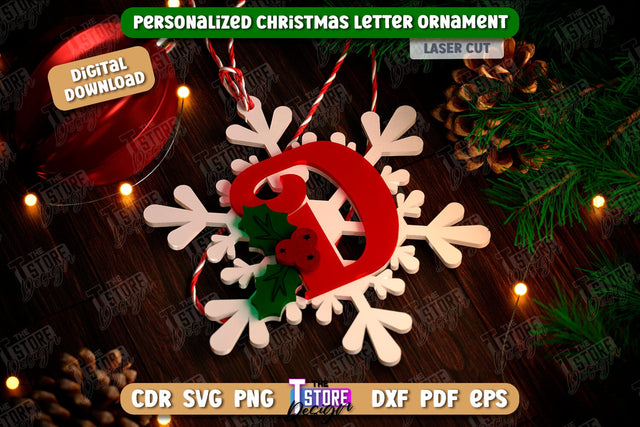 Christmas Letter Ornament Laser Cut | Christmas Tree Toy | Snowflake | Monogram | Personalized Hanging Tree Toy | CNC File SVG The T Store Design 