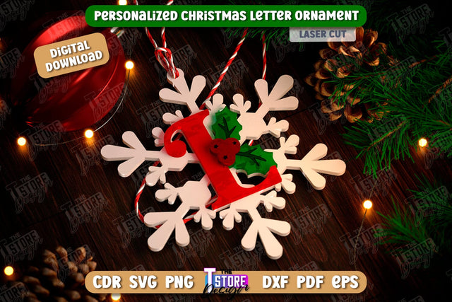 Christmas Letter Ornament Laser Cut | Christmas Tree Toy | Snowflake | Monogram | Personalized Hanging Tree Toy | CNC File SVG The T Store Design 