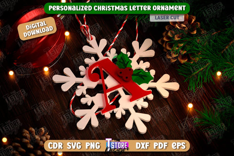 Christmas Letter Ornament Laser Cut | Christmas Tree Toy | Snowflake | Monogram | Personalized Hanging Tree Toy | CNC File SVG The T Store Design 