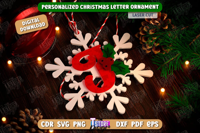 Christmas Letter Ornament Laser Cut | Christmas Tree Toy | Snowflake | Monogram | Personalized Hanging Tree Toy | CNC File SVG The T Store Design 