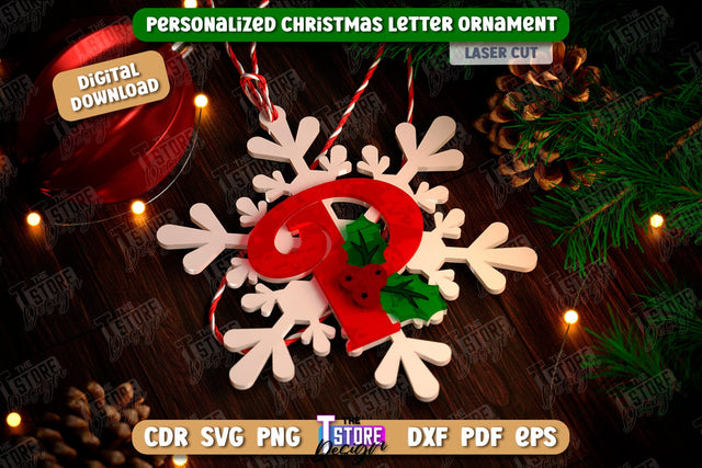 Christmas Letter Ornament Laser Cut | Christmas Tree Toy | Snowflake | Monogram | Personalized Hanging Tree Toy | CNC File SVG The T Store Design 