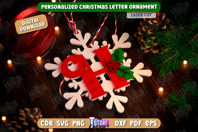 Christmas Letter Ornament Laser Cut | Christmas Tree Toy | Snowflake | Monogram | Personalized Hanging Tree Toy | CNC File SVG The T Store Design 