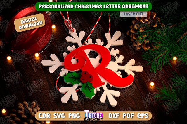 Christmas Letter Ornament Laser Cut | Christmas Tree Toy | Snowflake | Monogram | Personalized Hanging Tree Toy | CNC File SVG The T Store Design 