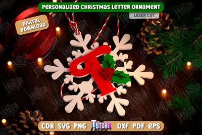 Christmas Letter Ornament Laser Cut | Christmas Tree Toy | Snowflake | Monogram | Personalized Hanging Tree Toy | CNC File SVG The T Store Design 