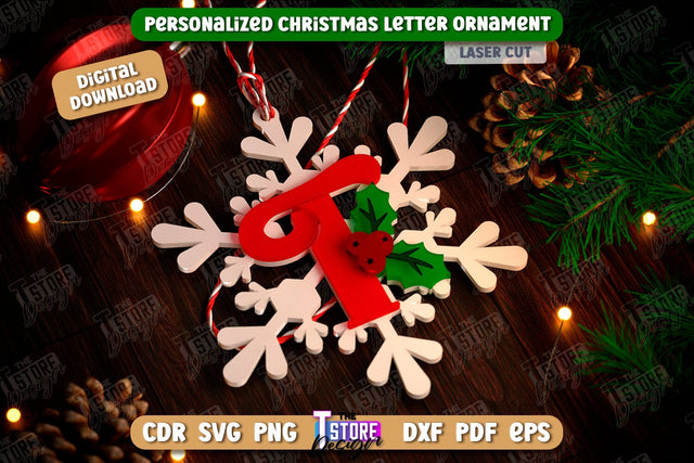 Christmas Letter Ornament Laser Cut | Christmas Tree Toy | Snowflake | Monogram | Personalized Hanging Tree Toy | CNC File SVG The T Store Design 