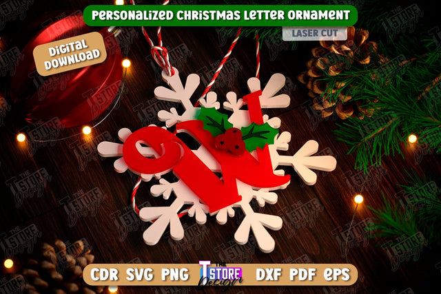 Christmas Letter Ornament Laser Cut | Christmas Tree Toy | Snowflake | Monogram | Personalized Hanging Tree Toy | CNC File SVG The T Store Design 